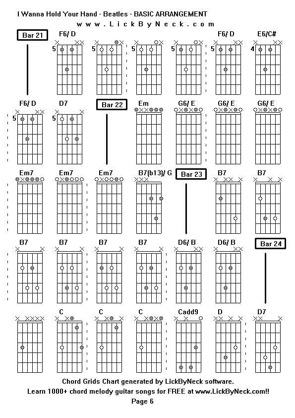 Chord Grids Chart of chord melody fingerstyle guitar song-I Wanna Hold Your Hand - Beatles - BASIC ARRANGEMENT,generated by LickByNeck software.